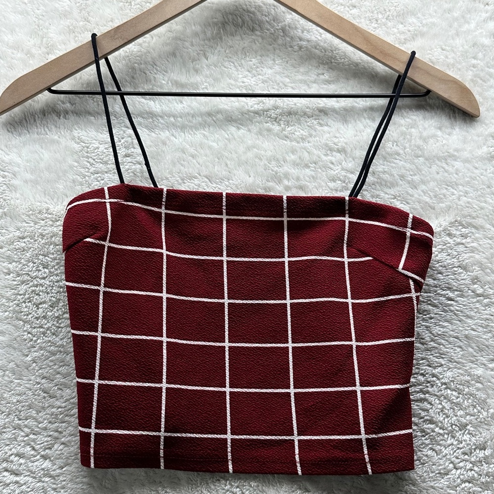 Women’s Grid Print Cropped Cami Top Maroon Small